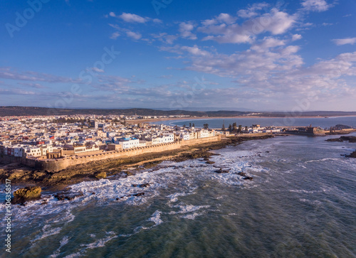 Aerial view of medieval Essaouira old city on Atlantic coast at sunset, Morocco