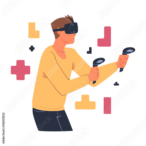 Man Wearing Virtual Reality Headset Playing Puzzle Video Game Immersed in Abstract VR World Vector Illustration