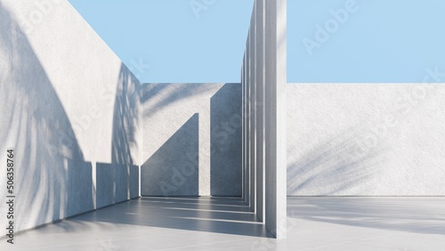 Abstract architectural backdrop - 3D render. White details of the facade of modern building on blue sky background with copy space. Unobtrusive botanical background with shadow on the wall.