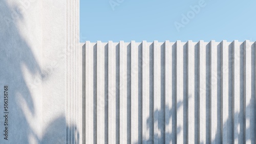 Abstract architectural backdrop - 3D render. White details of the facade of modern building on blue sky background with copy space. Unobtrusive botanical background with shadow on the wall.