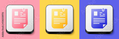 Isometric Resume icon isolated on pink, yellow and blue background. CV application. Searching professional staff. Analyzing personnel resume. Square button. Vector