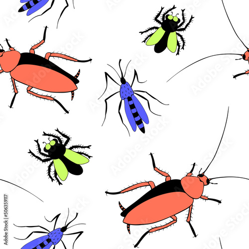Vector seamless pattern of insect pests - oriental cockroaches, flies, mosquitoes. Bright background and pest control texture.