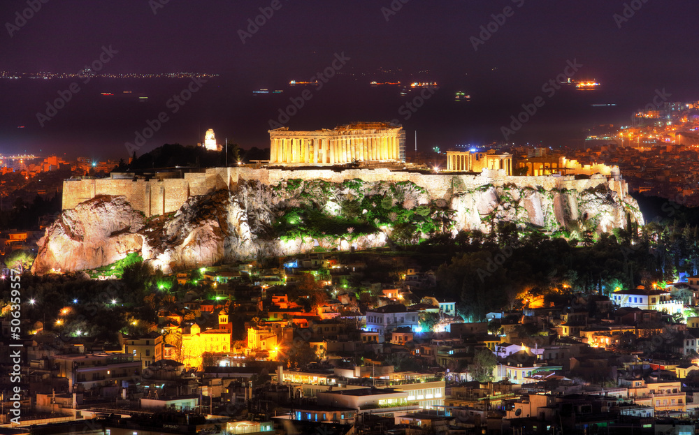 Acropolis at night in Athens from hill Lycabettus, Greece