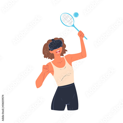 Woman Wearing Virtual Reality Headset Playing Tennis Immersed in Abstract VR World Vector Illustration