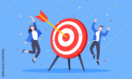 Goal achievement business concept sport target icon and arrow in the bullseye. Happy people jump in the air near giant target flat style design vector illustration.