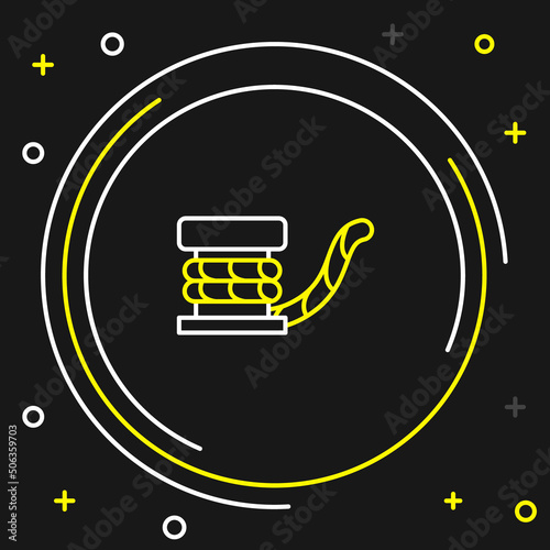 Line Marine bollard with rope tied on pier icon isolated on black background. Colorful outline concept. Vector