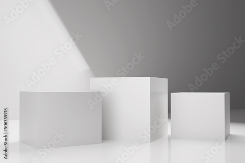 Three white square stands on white background. 3d render