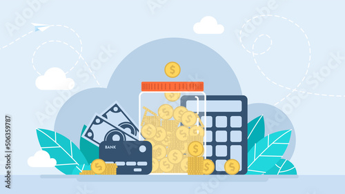 The concept of saving money, economy. Gold coins in a glass, transparent jar with a lid. Piggy bank for storing money. Jar with money. Calculator, bank card. Flat style. Vector illustration