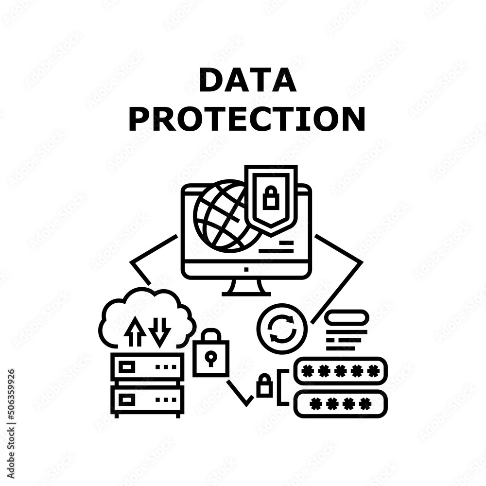 Data Protection Vector Icon Concept. Data Protection System For Protect And Safe Private Information. Server And Computer Security Software. Website User Login And Password Black Illustration