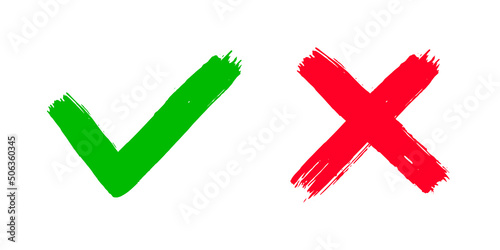 Two dirty grunge hand drawn with brush strokes cross x and tick OK check marks vector illustration isolated on white background. Check mark symbol NO and YES buttons for vote box, web, etc.