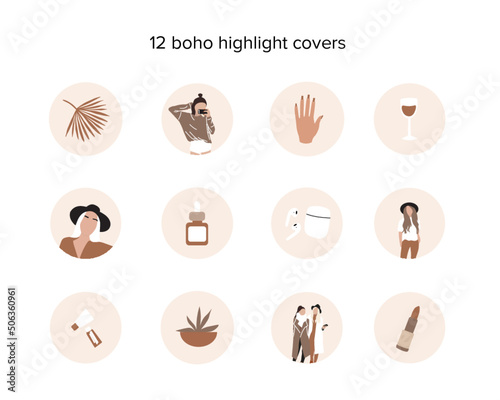 Boho women blog beauty lifestyle. Abstract fashion silhouettes, woman highlights for social media. Vector contemporary art illustration.  