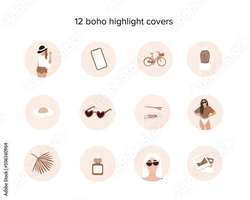 Woman highlights for social media. Boho women blog beauty lifestyle. Vector contemporary art illustration. Abstract fashion silhouettes, 