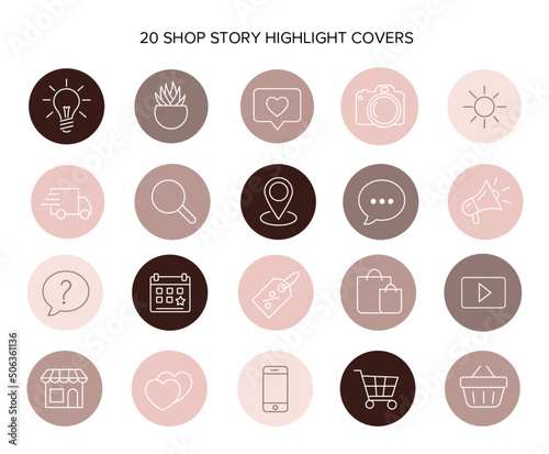 Modern large set of highlights covers Icons in a circle on a white background. Abstract minimal patterns and stamps in a pastel nude palette. Line style graphics isolated vector template.  photo