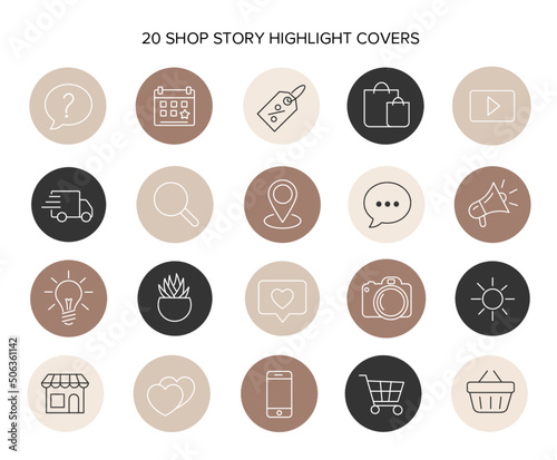 Abstract patterns and stamps in a neutral nude palette. Icons in a circle on a white background. Line style graphics isolated vector template. Minimalistic and modern large set of highlights Covers. 