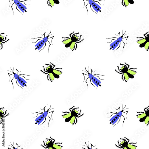 Vector seamless pattern of flies  mosquitoes. Annoying unpleasant insects harmful to humans. Bright background and texture for pest control