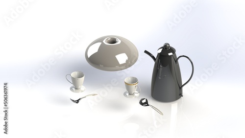Breakfast in 3D - coffee set with porcelain and silver