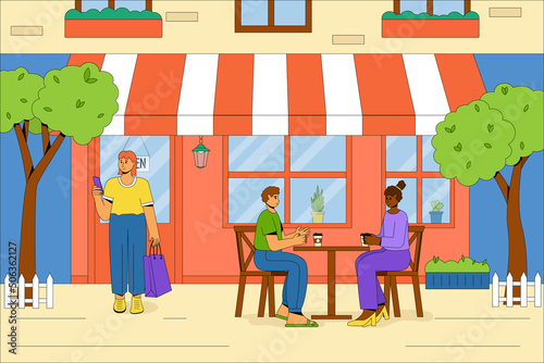 People relax and drink coffee outdoors. The building of the summer cafe with outdoor tables and chairs. Vector concept of a summer cafe. Flat vector illustration.