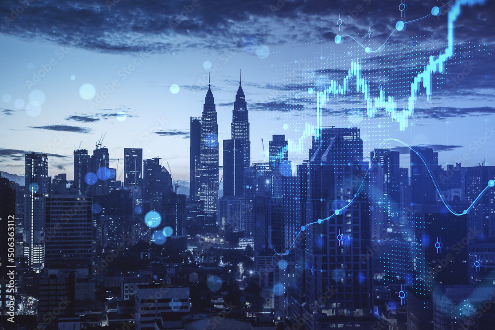 Obraz premium Abstract growing forex chart and dot map on blue night city backdrop. Investment, stock market and financial success. Double exposure.