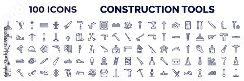 set of 100 construction tools web icons in outline style. thin line icons such as bump cutter, saw, circular saw, glass wall, relief valve, repair screwdriver, spade tool, measuring wheel, circuit