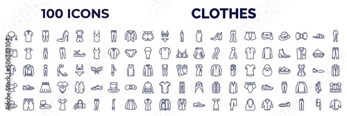 set of 100 clothes web icons in outline style. thin line icons such as jewelry, camisole, scarf on hanger, messenger bag, underpants, brassiere, kurta, peplum top, bowler, dinner jacket, jogging