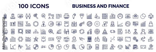 set of 100 business and finance web icons in outline style. thin line icons such as monthly wall calendar, data analytics, funneling data, accounting, gadget, increase money, shredder, pie chart