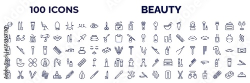 set of 100 beauty web icons in outline style. thin line icons such as bath salts bomb, women waist, shampoo bottle, hair styler, liner, pedicure, finger with nail, barber shop, french perfume, foam,