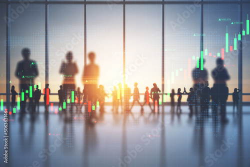 Fotografie Trading and business investing concept with blurred people silhouettes at sunset