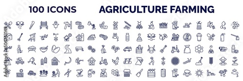 set of 100 agriculture farming web icons in outline style. thin line icons such as pitchfork, hammering, legume, mower, cheese, milk jar, pruning shears, wood chop, pinwheel, water well, sheep,