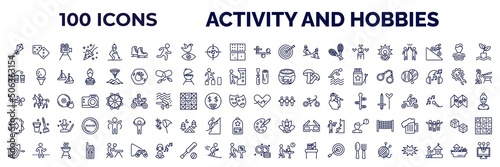 set of 100 activity and hobbies web icons in outline style. thin line icons such as flying a kite, ice skating, balancing, yoga, beer pong, wood carving, martial art, baccarat, yoyo, dish washing,