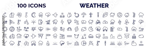 set of 100 weather web icons in outline style. thin line icons such as twilight, hail, new moon, overcast, calm, climate, tropical storm, volcano, convergence, deluge, atmospheric pressure, cloudy