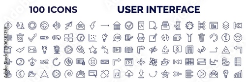 set of 100 user interface web icons in outline style. thin line icons such as low, paper plane flying, round done button, downward rotation, indent, note blog, export arrow, data analytics cylinder,