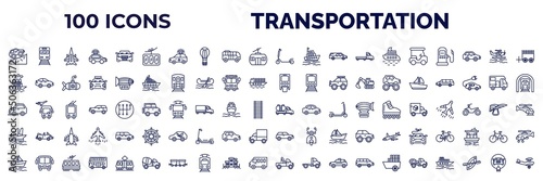 set of 100 transportation web icons in outline style. thin line icons such as off road, funicular railway, micro scooter, golf cart, icebreaker ship, monorail, litter car, schooner, pt boat, tow