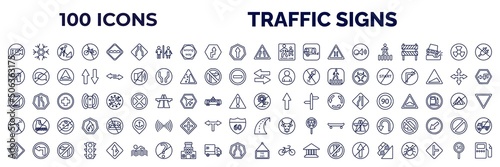 set of 100 traffic signs web icons in outline style. thin line icons such as no video, narrow bridge, narrow road, zebra crossing, no weapons, two ways, no mobile phone, bombs, winding road, end of