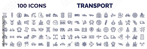 set of 100 transport web icons in outline style. thin line icons such as shift, hands free device, school bus empty, car painting, airplane pointing up, small helicopter, all terrain, sports car,