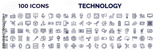 set of 100 technology web icons in outline style. thin line icons such as holidays, ecologic electricity, ecologic bulb, horizontal tablet, leading, lightning arrow, 3d printers, text editor, user