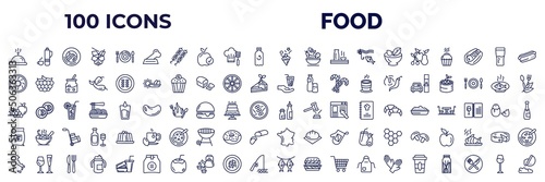 set of 100 food web icons in outline style. thin line icons such as hotel service, dog food, congratulations, fruits, yusheng, drinking, and grapes, fodder, , dried fish, disposable paper cup, cup