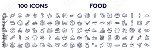 set of 100 food web icons in outline style. thin line icons such as canadian, jawbreaker, mayonnaise, bowl with vegetables, slotted spoon, cake with one candle, butcher, scale balanced tool, scotch,