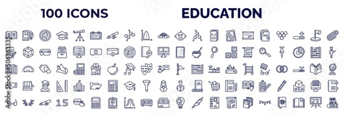 set of 100 education web icons in outline style. thin line icons such as dictionary, monthly calendar, kid, new document, exam, tactile tablet, reading an open book, alphabet, studying glasses,