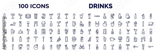 set of 100 drinks web icons in outline style. thin line icons such as watermelon juice, greyhound drink, soft drink, juice bottle, wine toast, whiskey, tom collins, juice, mai thai, picnic table,