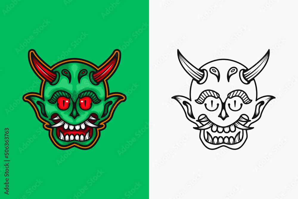 Fototapeta premium illustration of green demon with red eyes and horns. color and line art style. suitable for mascot, logo or t-shirt design