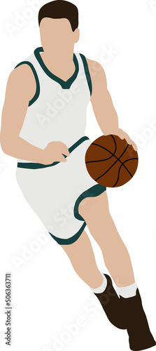 Basketball player in white uniform runs with the ball in his hand