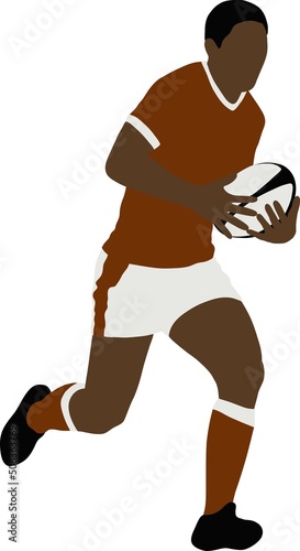 Black rugby player in red uniform running with ball