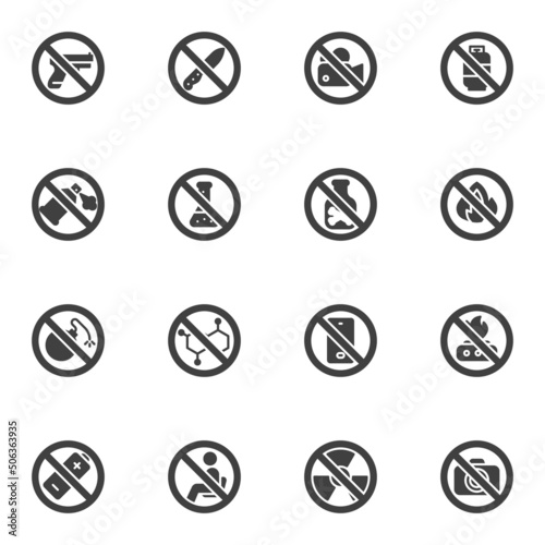 Aviation prohibited items vector icons set