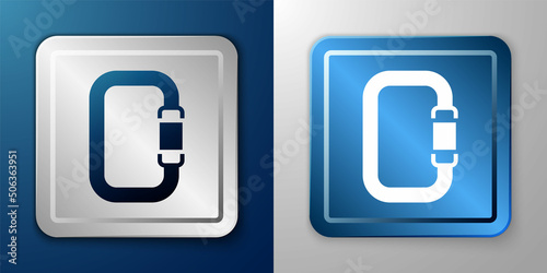 White Carabiner icon isolated on blue and grey background. Extreme sport. Sport equipment. Silver and blue square button. Vector