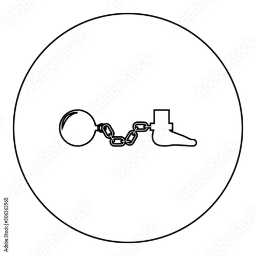 Ball and chain attached foot Silhouette pulling weights Leg with cargo Punishment icon in circle round black color vector illustration image outline contour line thin style