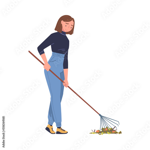 Woman Volunteer Character with Rake Cleaning Street Vector Illustration
