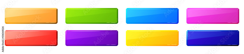 Rectangular buttons for game menu, mobile app or website interface. Vector cartoon set of blank glossy web buttons rainbow colors isolated on white background