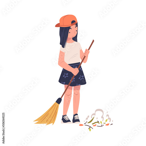 Little Girl Volunteer Character with Broom Sweeping and Cleaning Street Vector Illustration