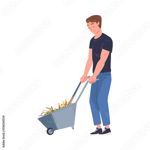 Man Volunteer Character Pushing Wheelbarrow with Foliage Cleaning Street Vector Illustration