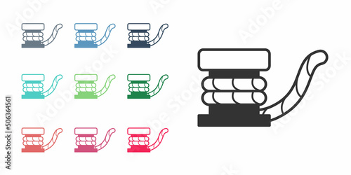 Black Marine bollard with rope tied on pier icon isolated on white background. Set icons colorful. Vector